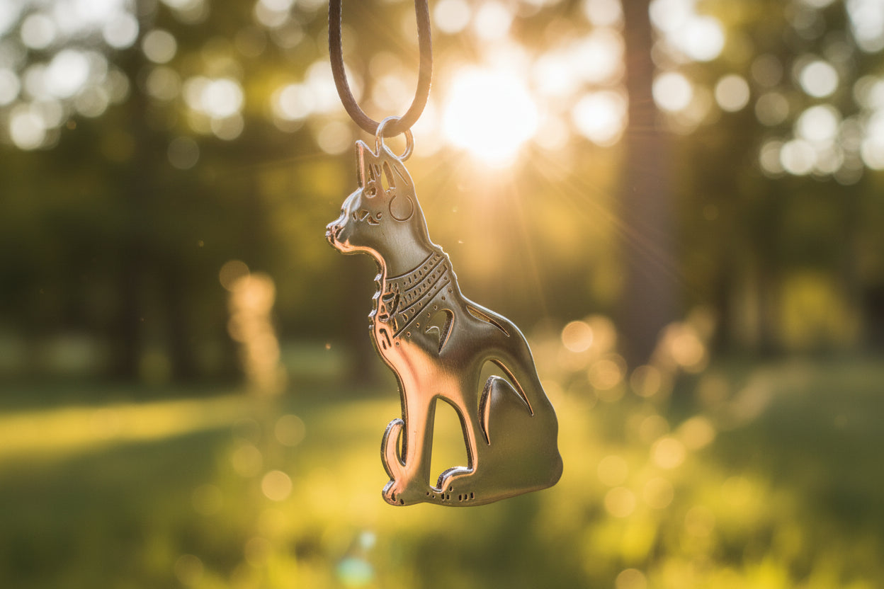 Sitzende Ägyptische Katze mit einer Kette, Silber oder Goldfarben