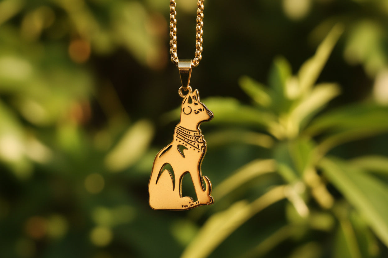 Sitzende Ägyptische Katze mit einer Kette, Silber oder Goldfarben