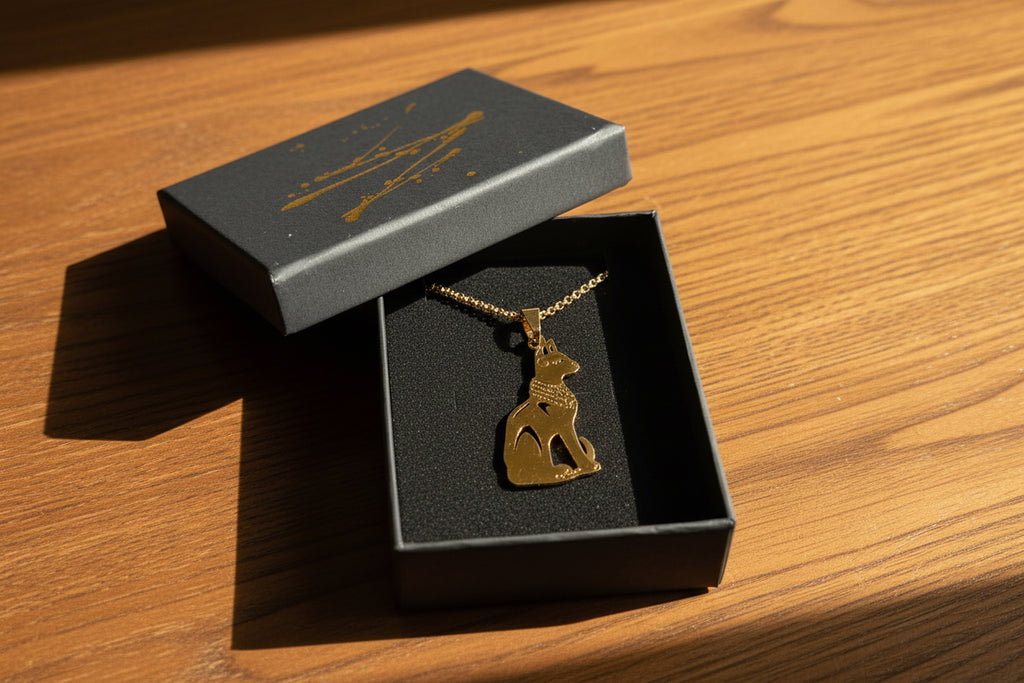 Sitzende Ägyptische Katze mit einer Kette, Silber oder Goldfarben