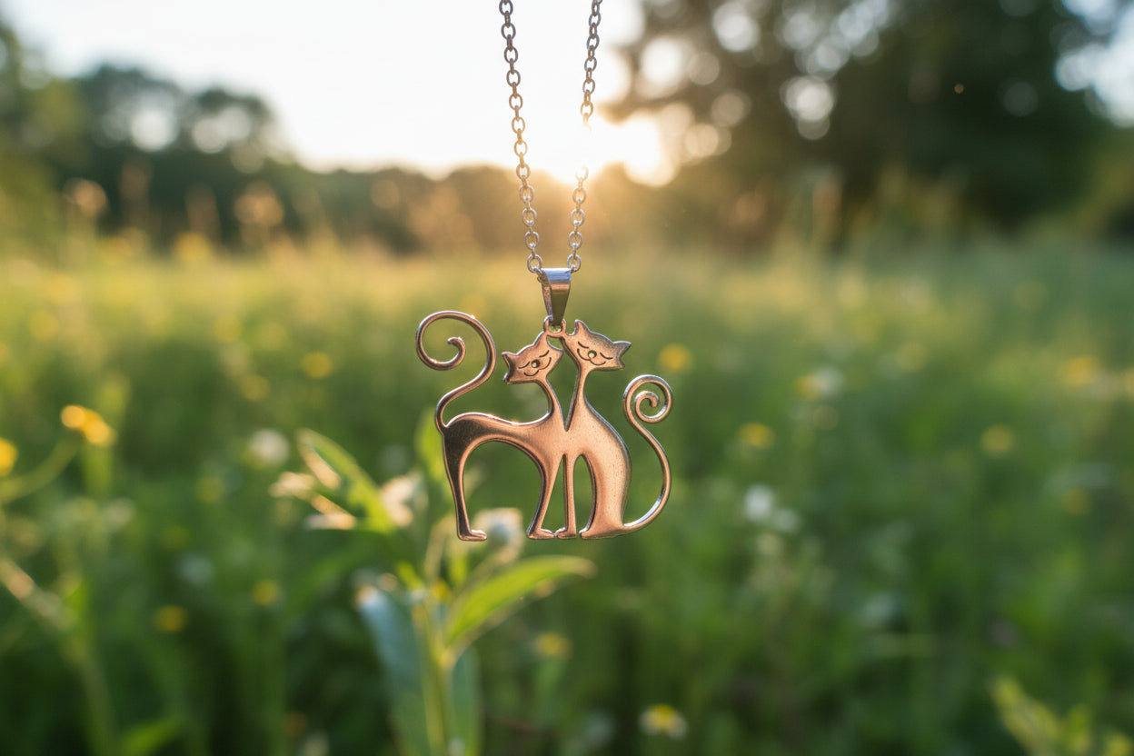 Kuschelndes Katzenpaar an einer Kette, Edelstahl