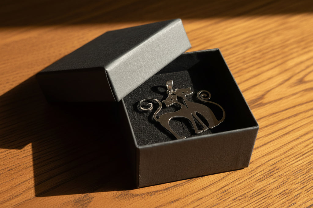 Kuschelndes Katzenpaar an einer Kette, Edelstahl