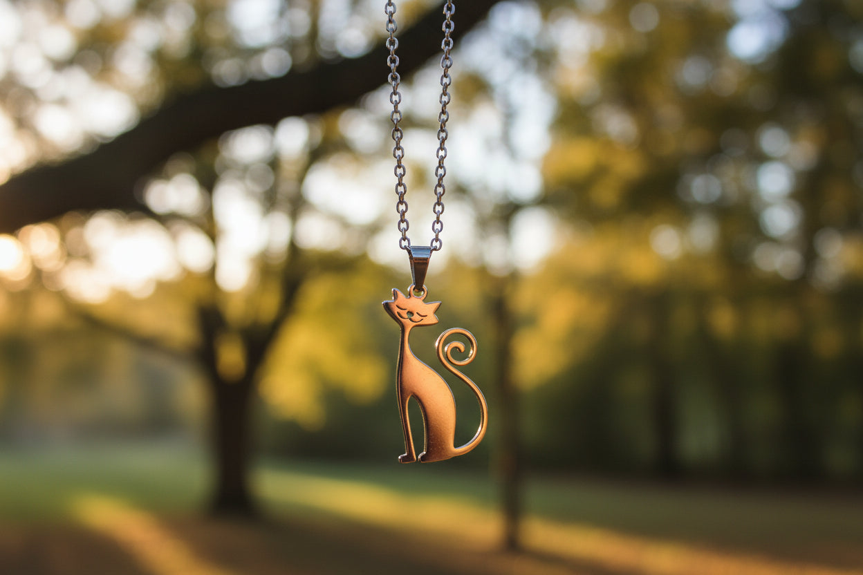 Niedliche sitzende Katze an einer Kette, Edelstahl