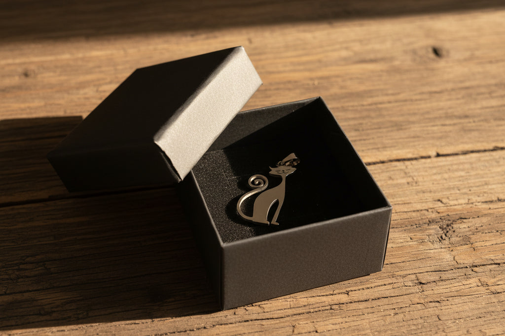 Niedliche sitzende Katze an einer Kette, Edelstahl