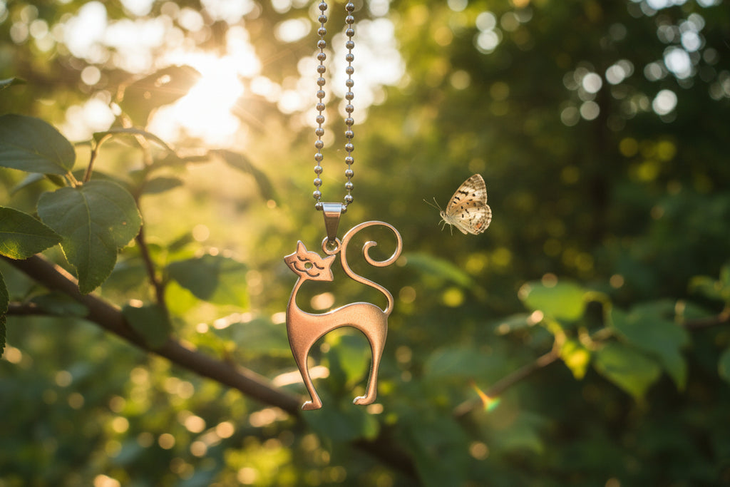 Freche Katze an einer Kette, Edelstahl