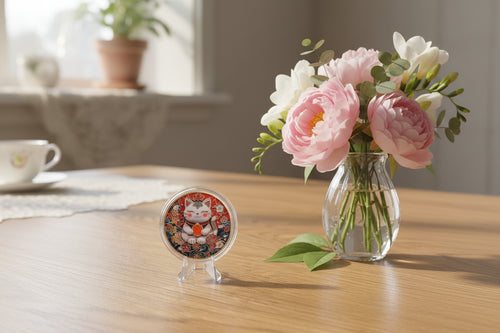 Glücksmünze - Chinesische Katze Golden/Farbig