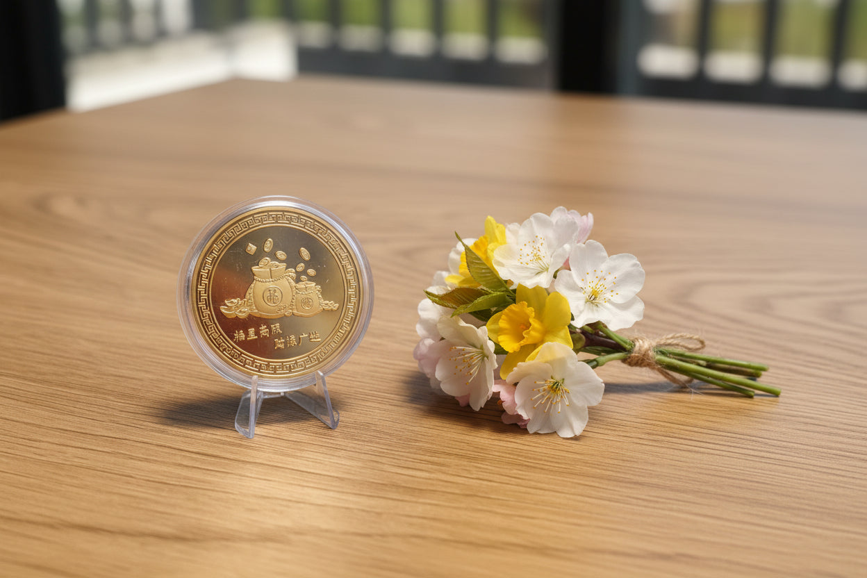 Glücksmünze - Chinesische Katze Golden/Farbig