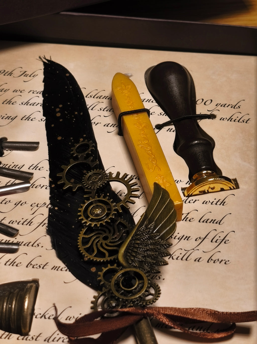 Schreibfeder & Wachssiegel - Geschenkset STEAMPUNK Style