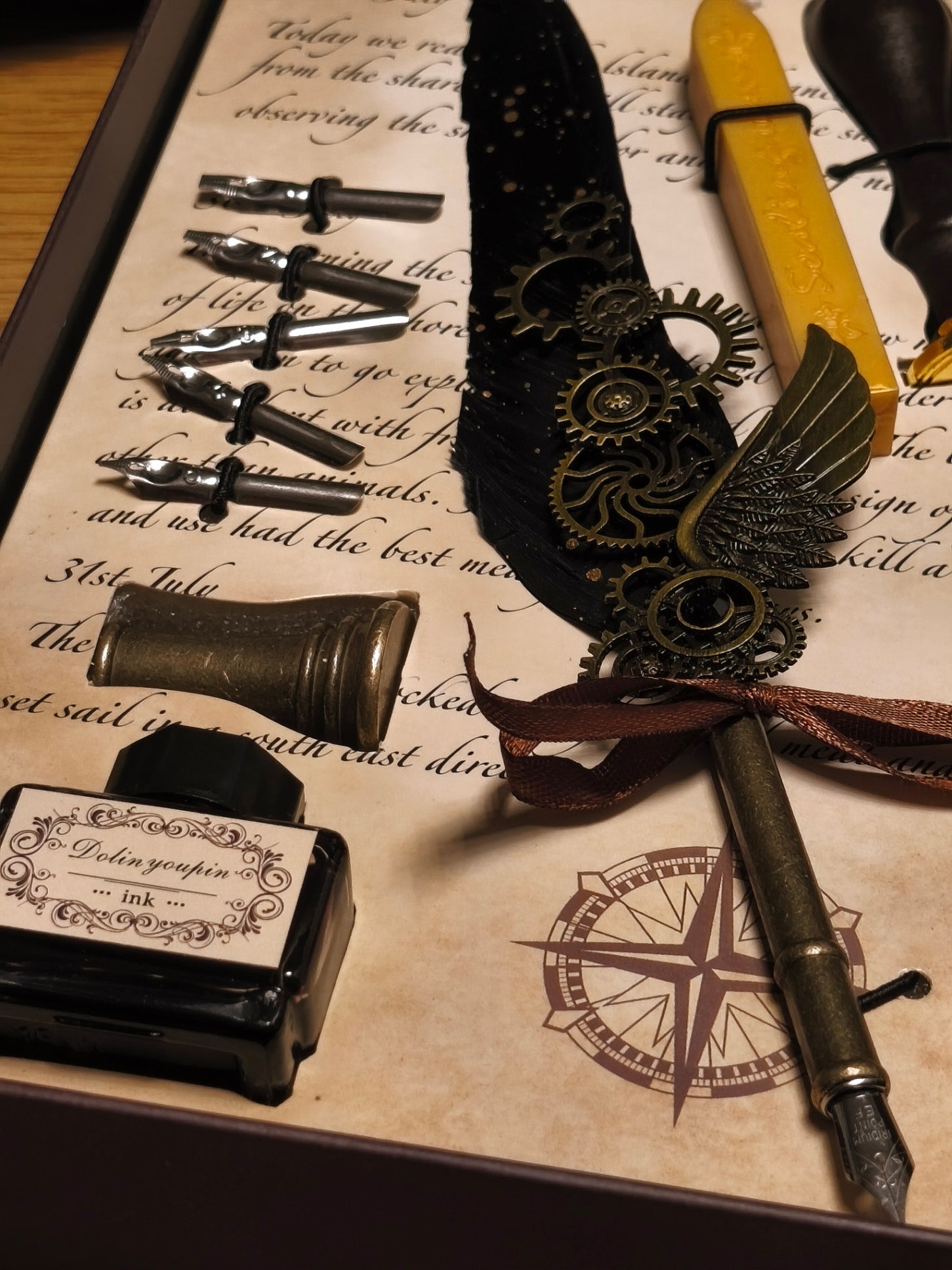 Schreibfeder & Wachssiegel - Geschenkset STEAMPUNK Style