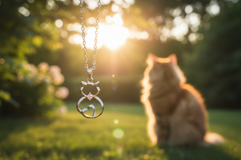 Sitzende Katze mit funkenlden Stein, Halskette