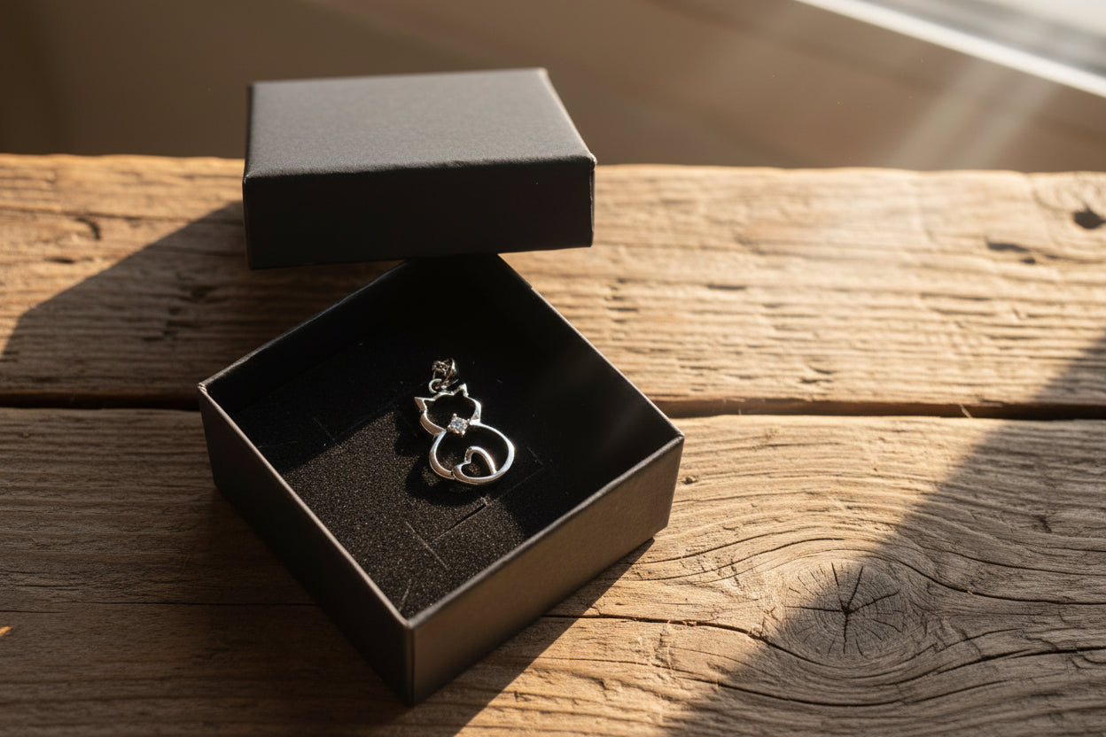 Sitzende Katze mit funkenlden Stein, Halskette